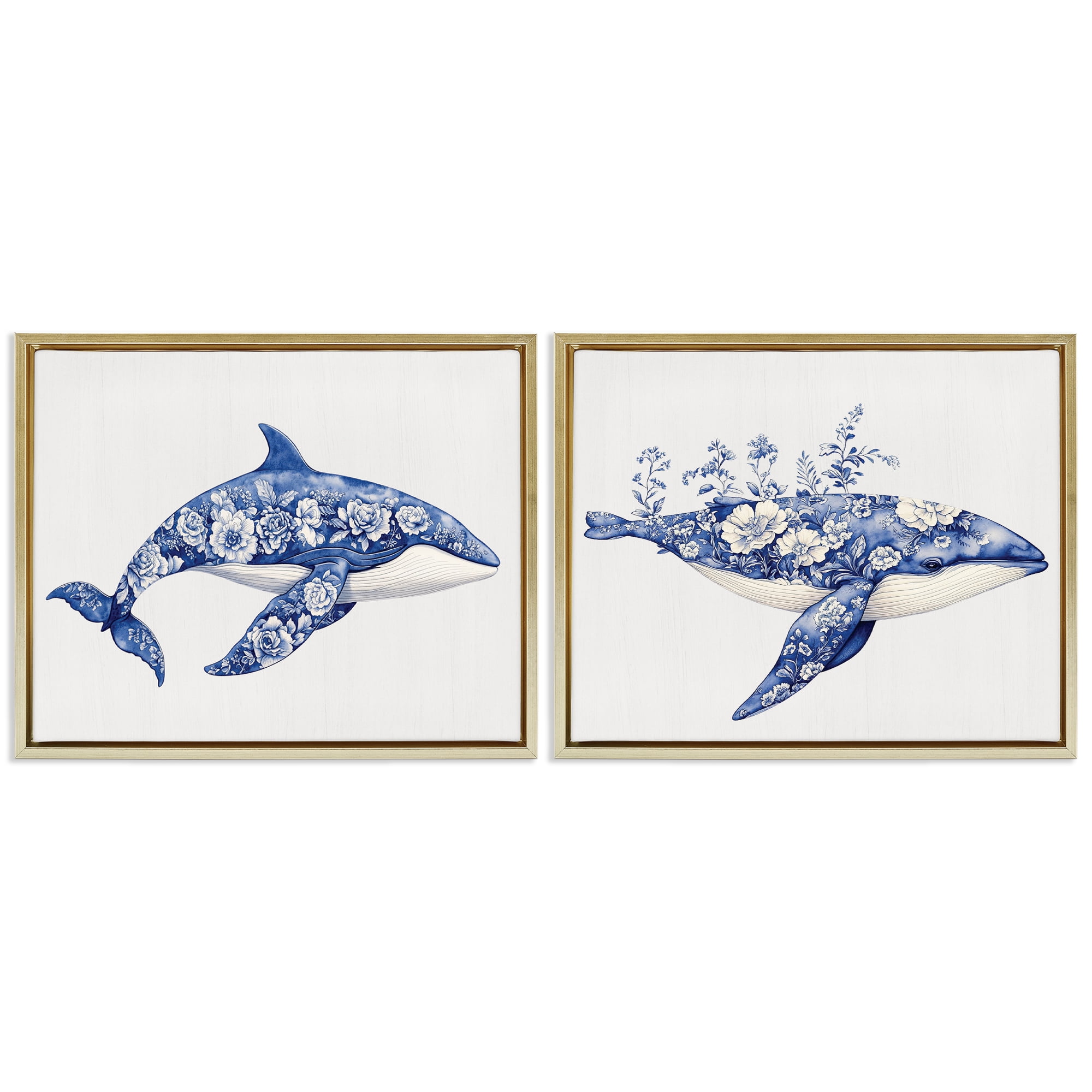 Blooming Toile Pattern Whales 2 Piece Gold Framed Floater Canvas Set, design by Lettered and Lined