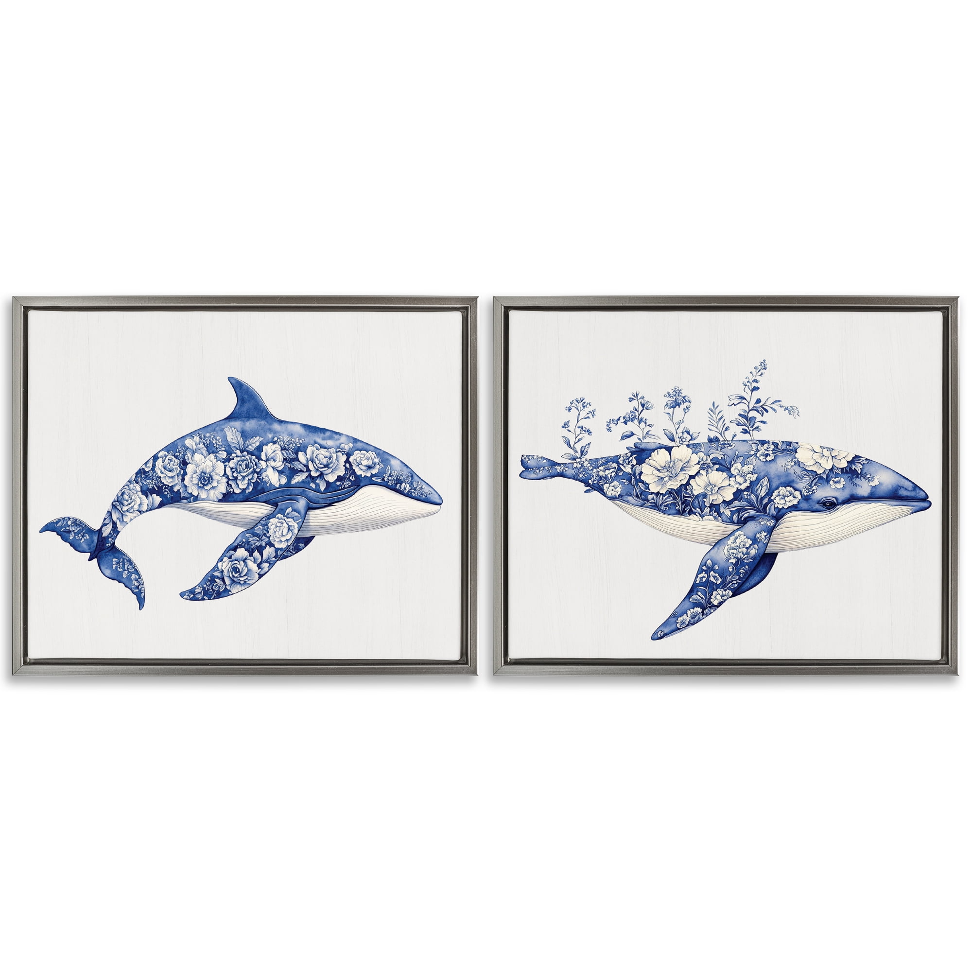 Blooming Toile Pattern Whales 2 Piece Gray Framed Floater Canvas Set, design by Lettered and Lined