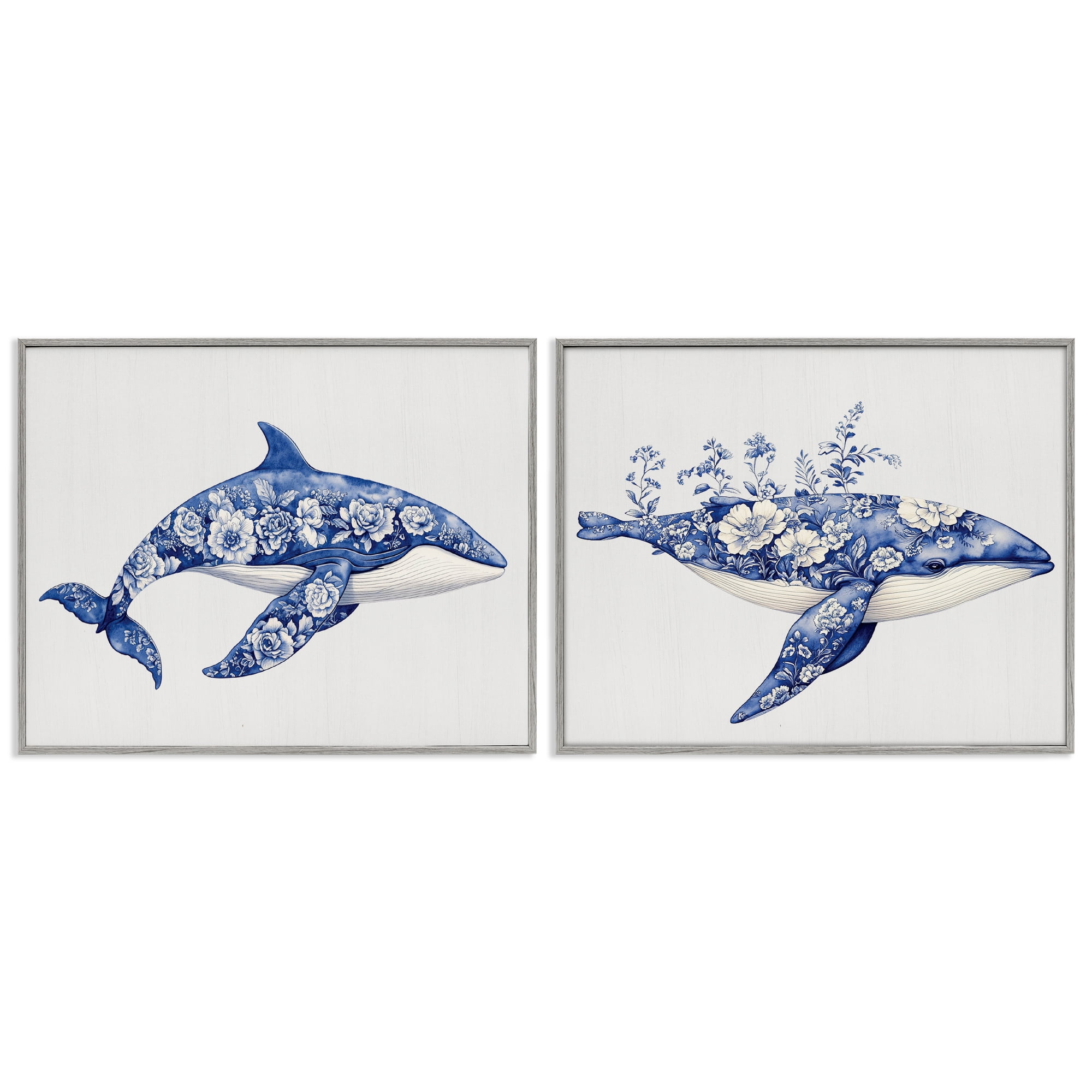 Blooming Toile Pattern Whales 2 Piece Gray Framed Giclee Art Set, design by Lettered and Lined