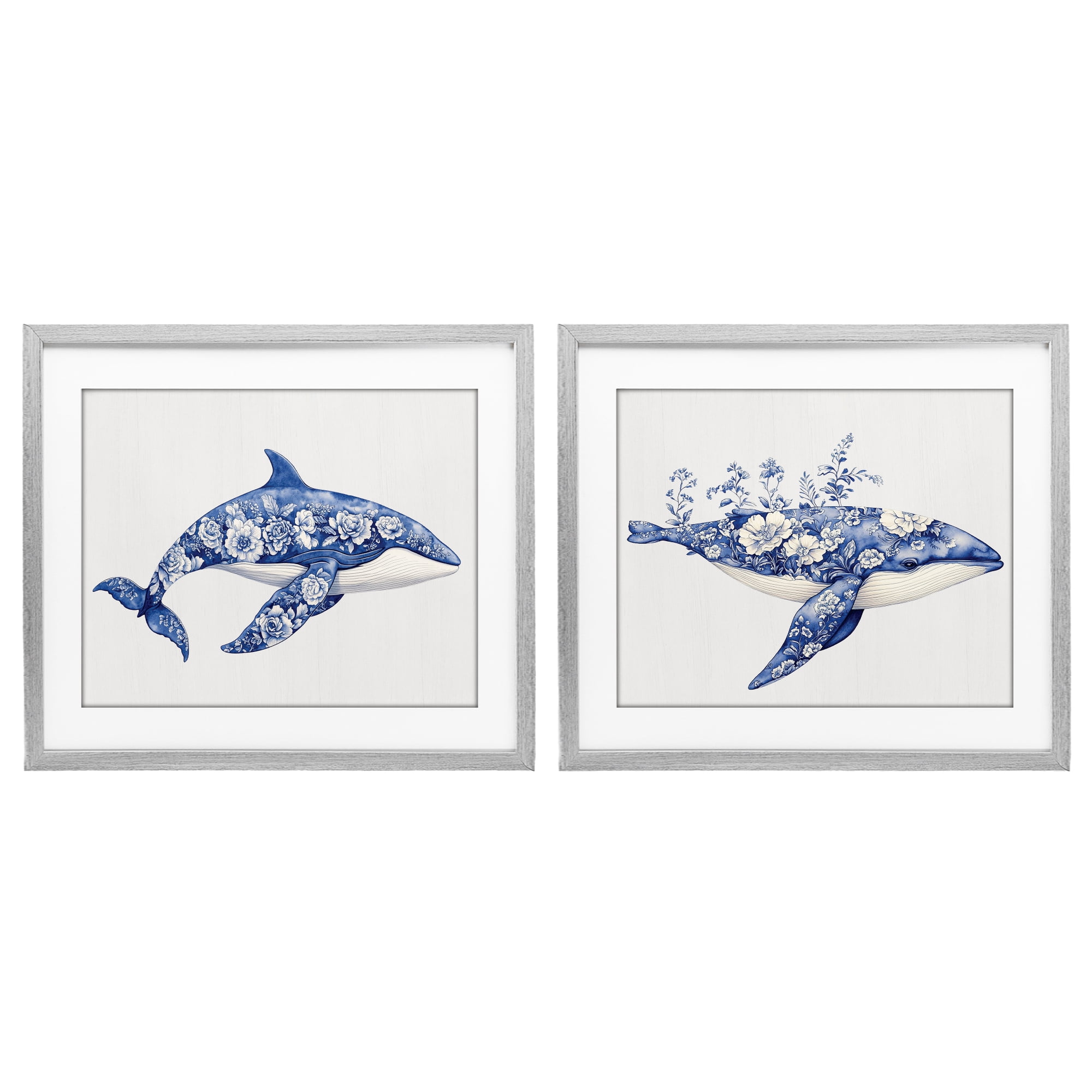 Blooming Toile Pattern Whales 2 Piece Gray Framed Print Under Glass Set, design by Lettered and Lined