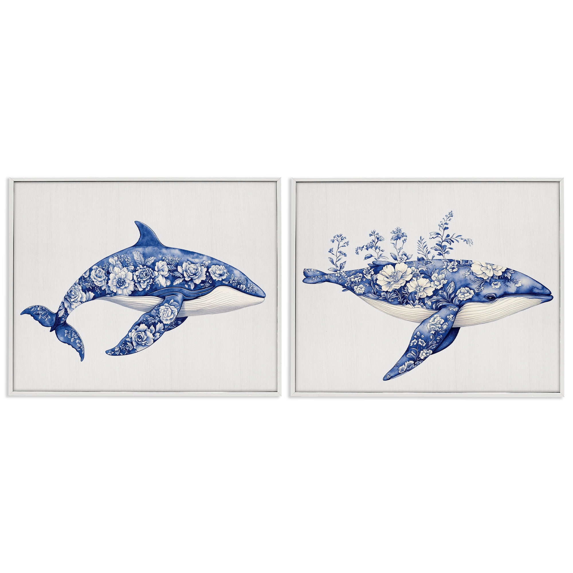 Blooming Toile Pattern Whales 2 Piece White Framed Giclee Art Set, design by Lettered and Lined