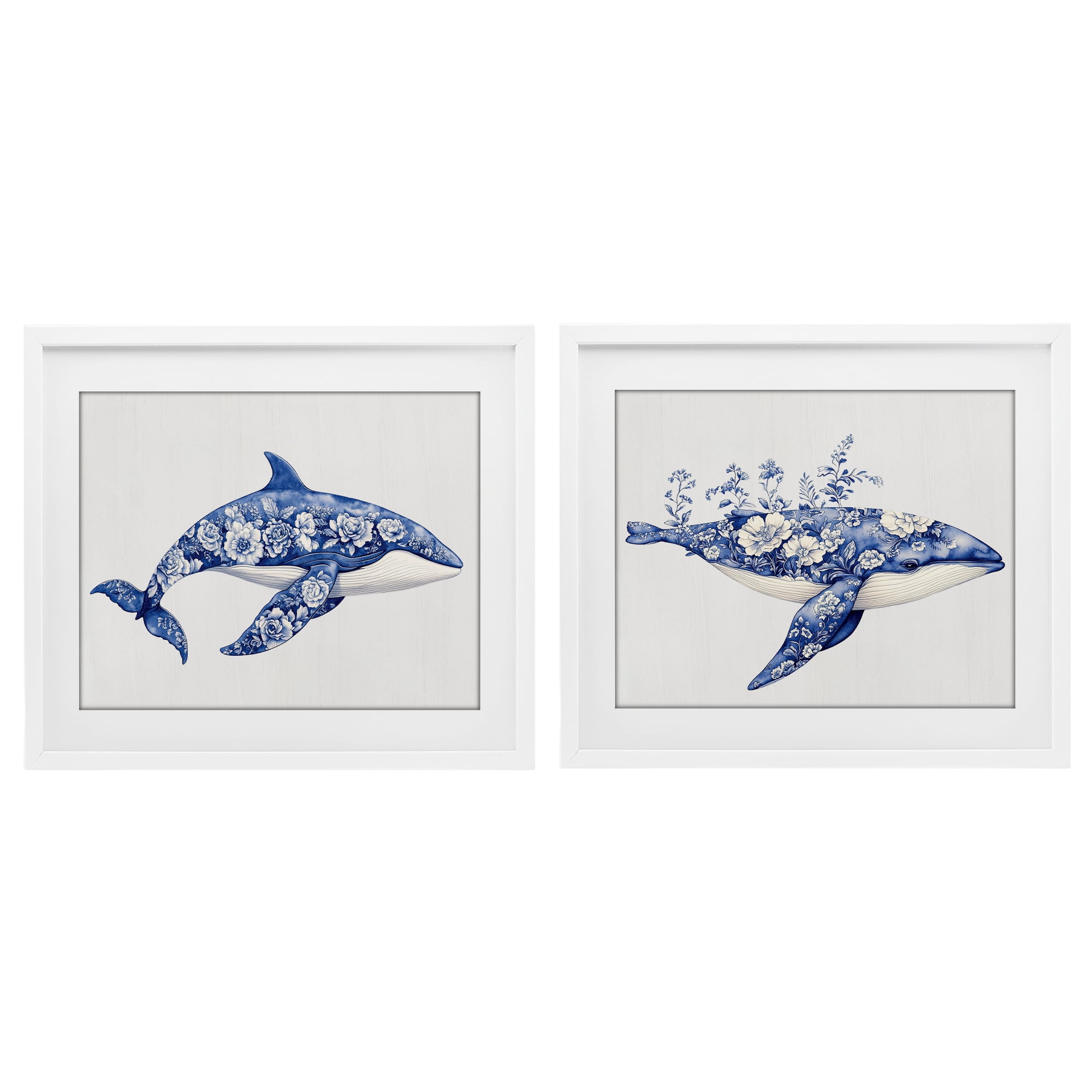 Blooming Toile Pattern Whales 2 Piece White Framed Print Under Glass Set, design by Lettered and Lined