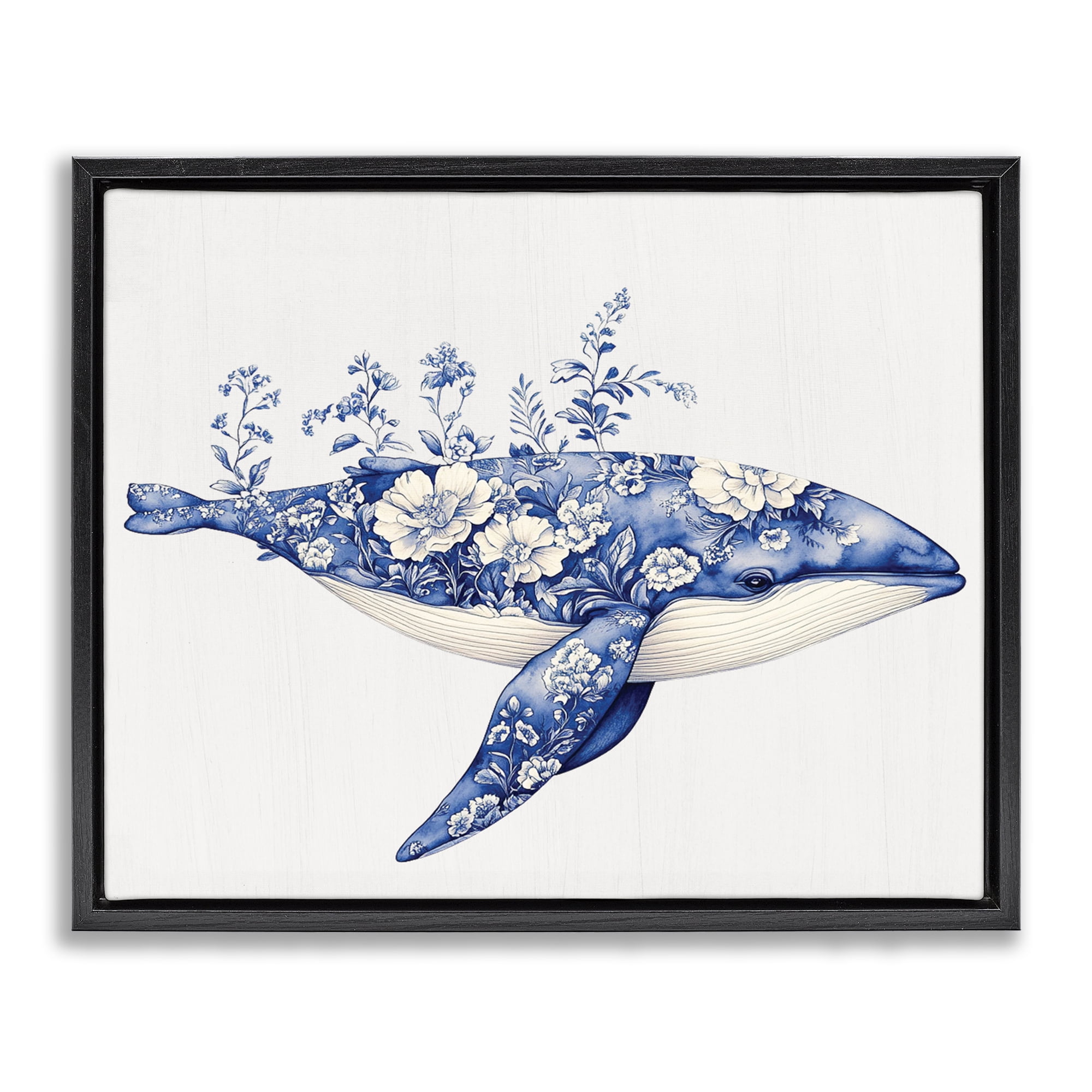 Blooming Toile Whale Black Framed Floater Canvas Wall Art, design by Lettered and Lined