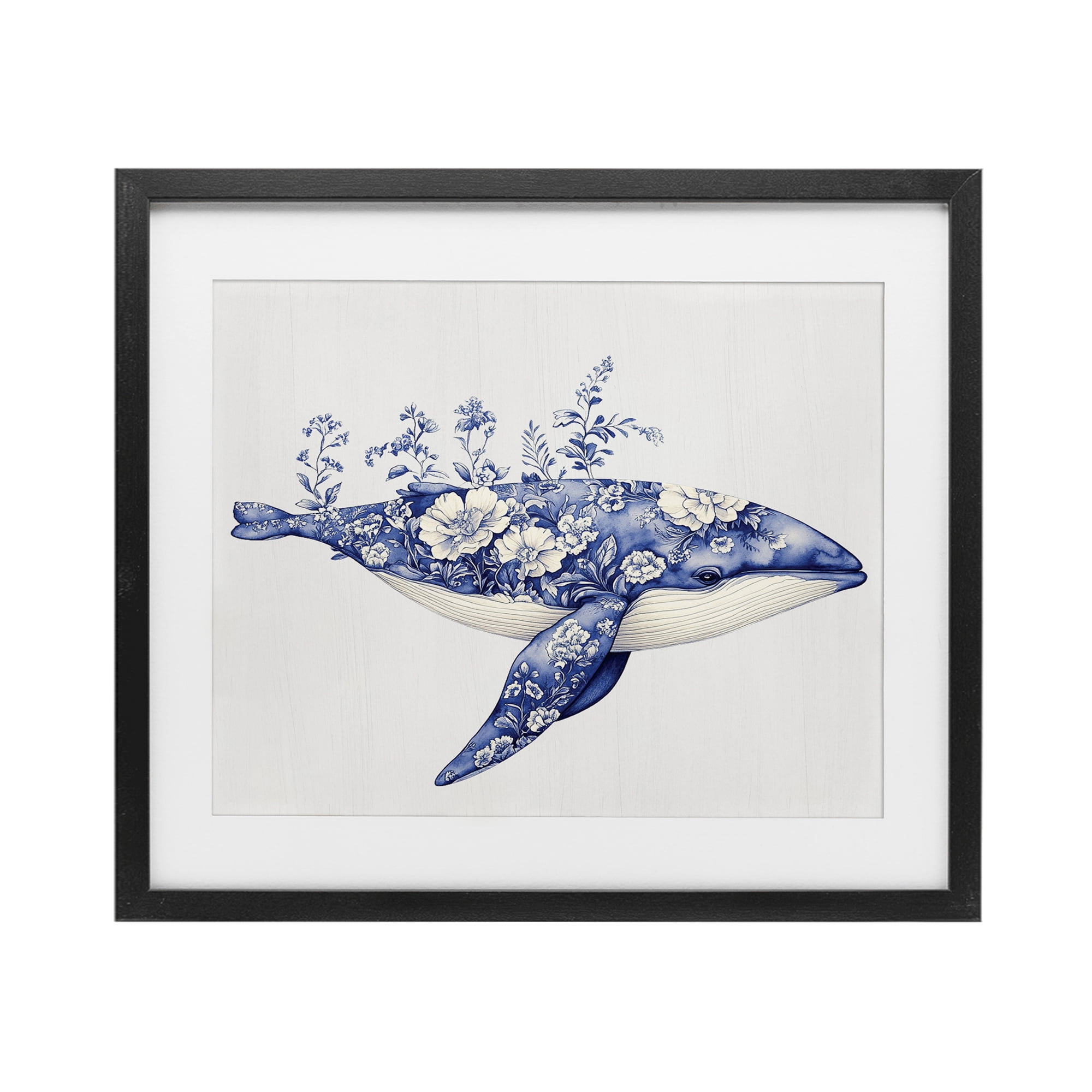 Blooming Toile Whale Black Framed Print Under Glass, design by Lettered and Lined