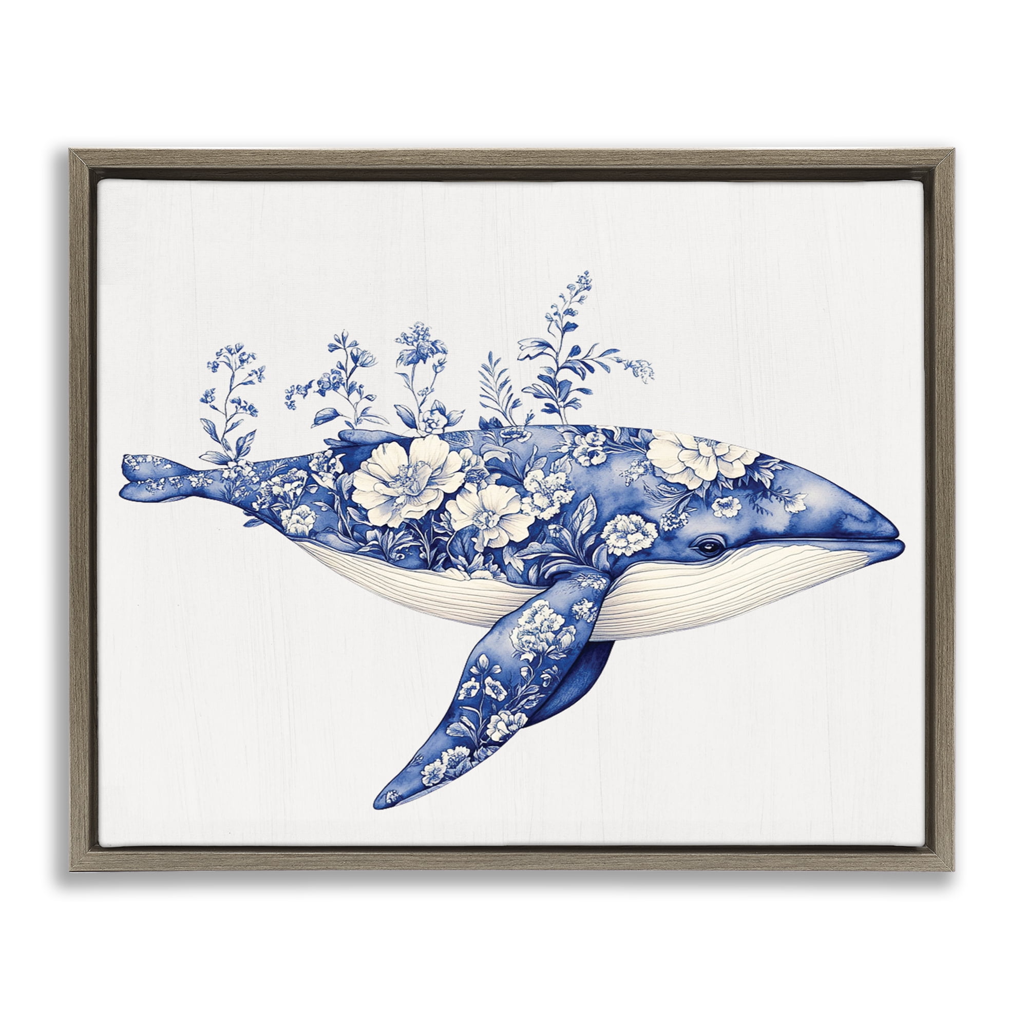 Blooming Toile Whale Brown Framed Floater Canvas Wall Art, design by Lettered and Lined