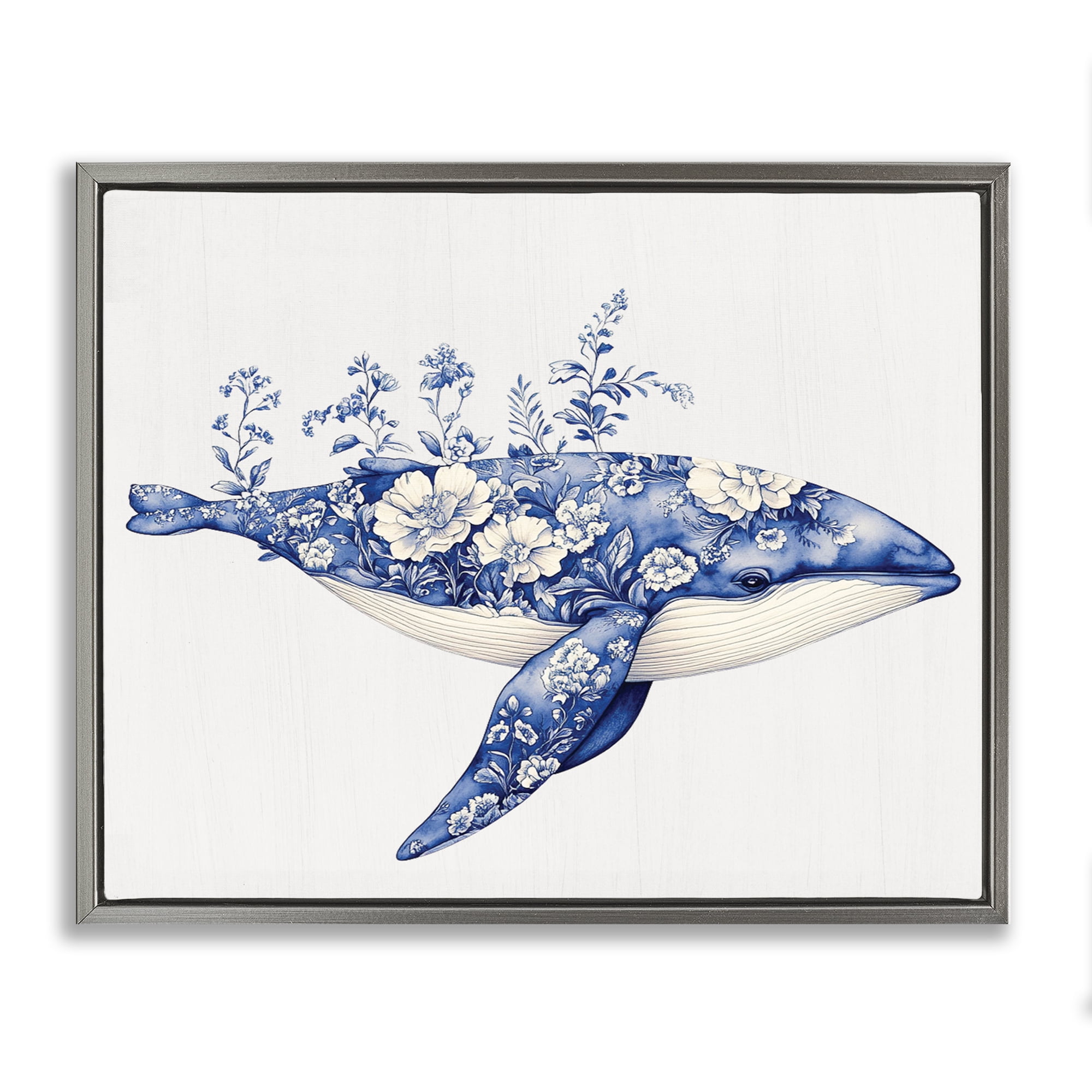 Blooming Toile Whale Gray Framed Floater Canvas Wall Art, design by Lettered and Lined