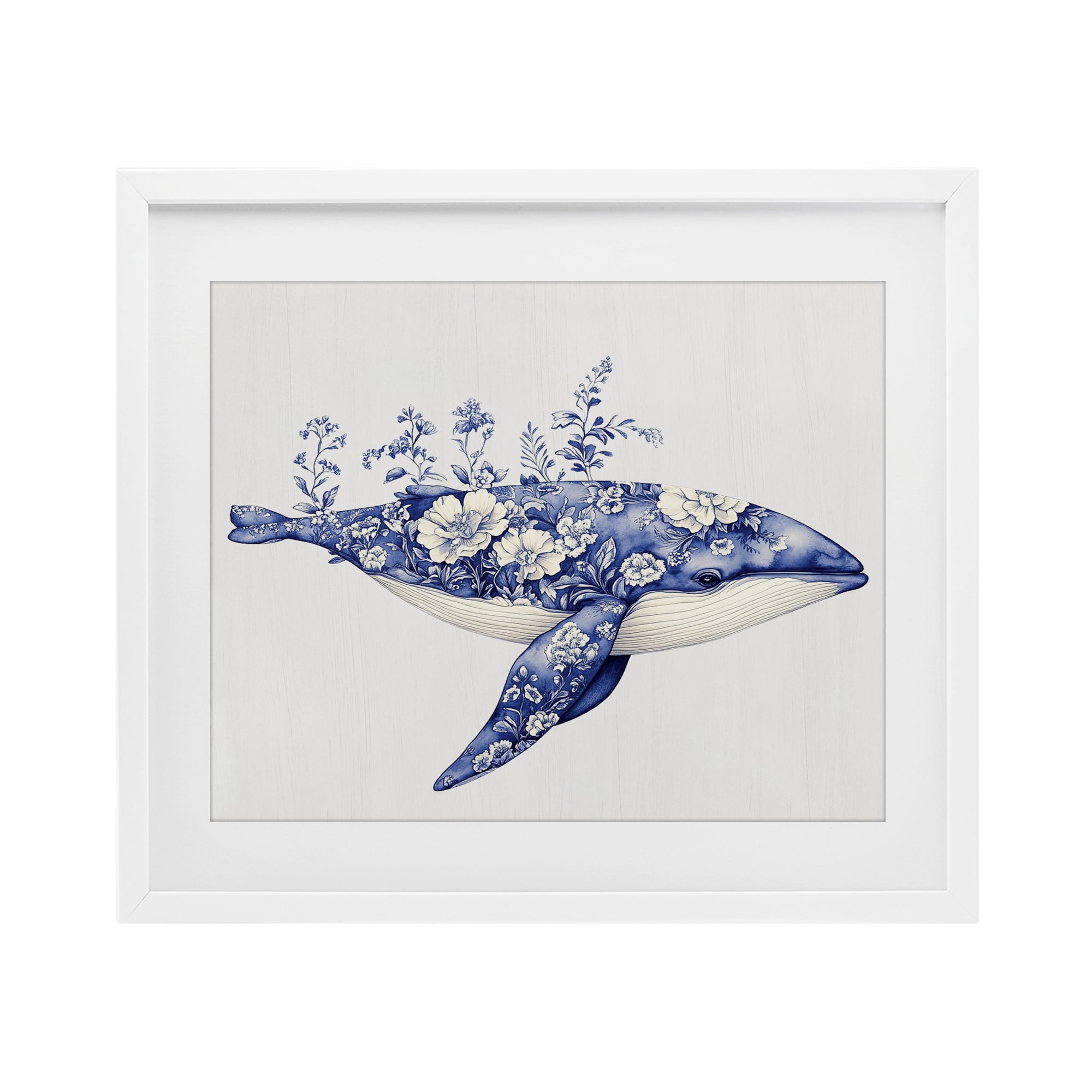 Blooming Toile Whale White Framed Print Under Glass, design by Lettered and Lined