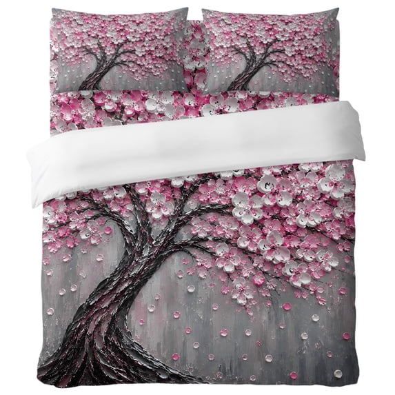 Plint Texture Blooming Tree 4 Piece Bedding Set, White Pink Flower Gnarled Trunk Oil ...