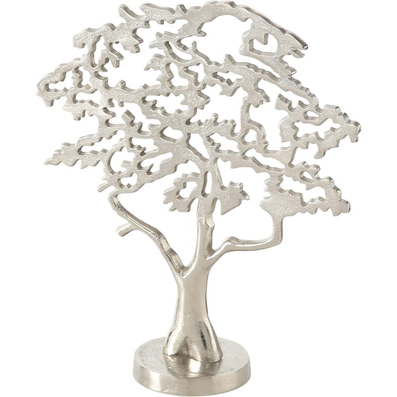 Blooming Tree of Life Table Top Metal Figurine, Made by Hand, Silver Aluminium, Atelier Sculpture Studio, Trunk, Abstract Leaf and Branch Details, Circular Base, 11.75 L x 4 W x 13 H inches (33 cm)