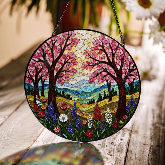Blooming Trees Field View Glass Suncatcher Nature Window Decor Gift For Mom, Suncatcher Window Hanging, 3.5 in