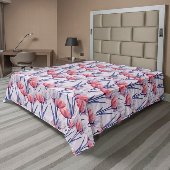 Blooming Tulips Flat Sheet, Watercolor Design Floral Pattern with Peduncles of Spring Art, Soft & Comfy Top Sheet Decorative Bedding 1 Piece, California King, Pale Lavender Dark Coral, by Ambesonne