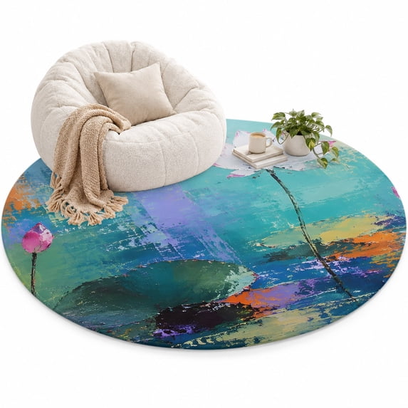 Blooming White Lotus Area Rug 4', Botanical Mottled Oil Painting ...