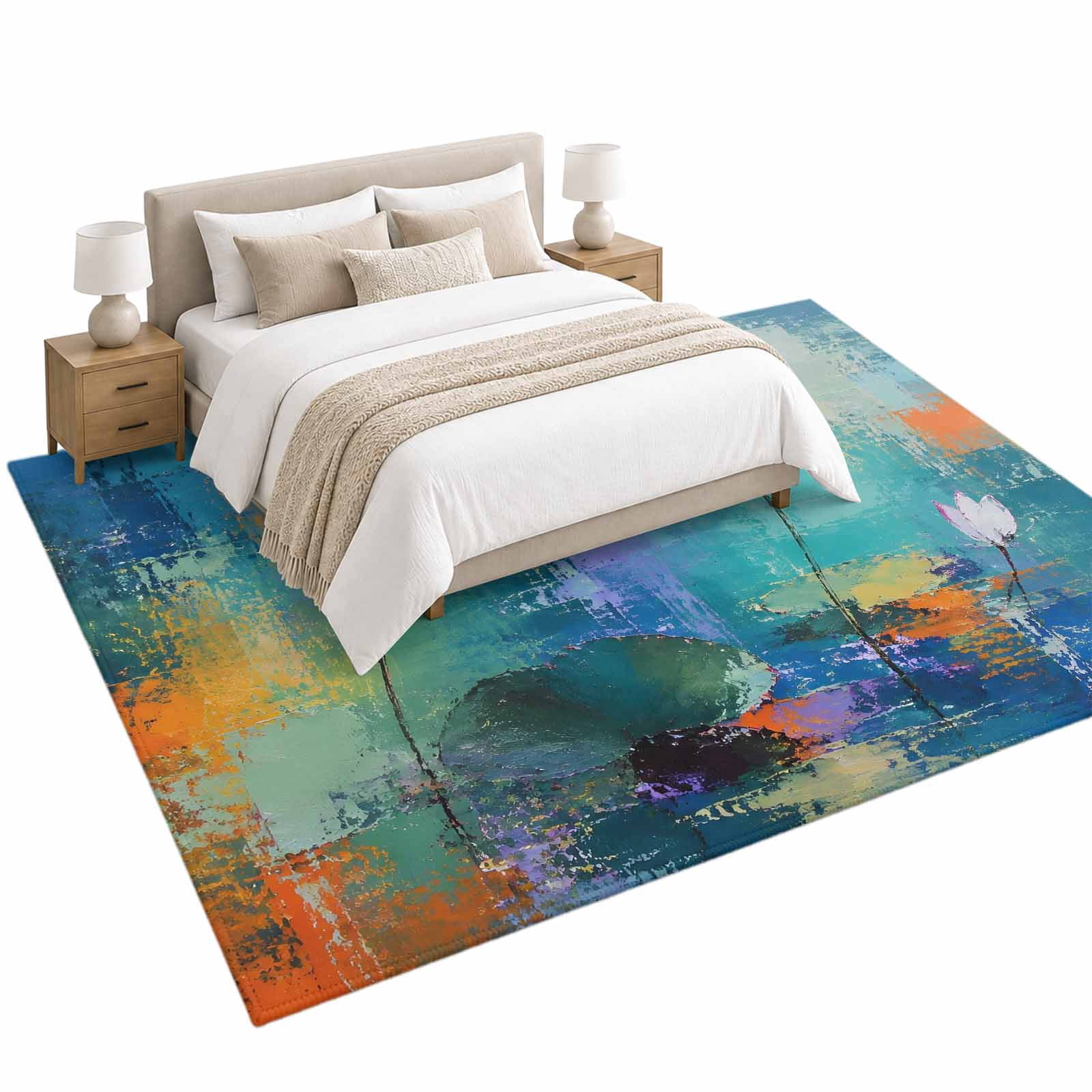 Blooming White Lotus Area Rug 6'x9', Botanical Mottled Oil Painting ...