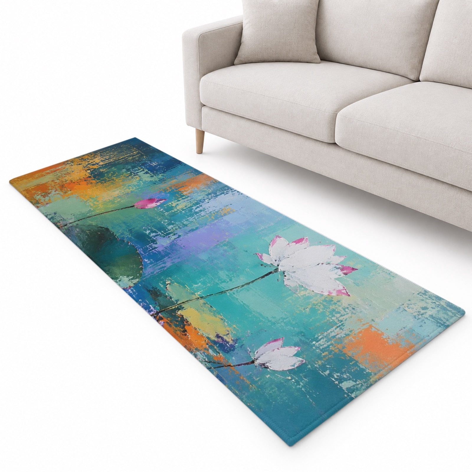 Blooming White Lotus Runner Rug 2'x6', Botanical Mottled Oil Painting ...