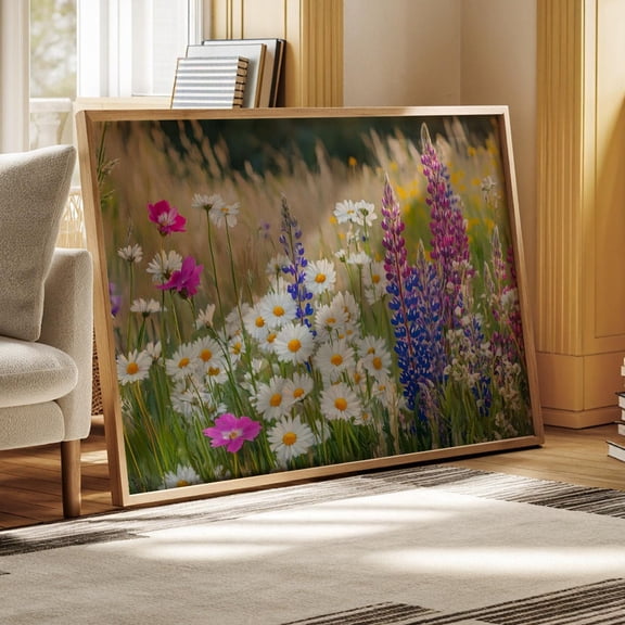 Blooming Wildflower Meadow With Daisies, Lupines, And Pink Blossoms In A Sunlit Summer Field Wall Art, Modern Wall Decor, 12x18 UNFRAMED