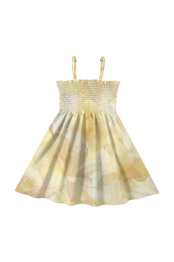 Blooming Yellow Daffodil Girl's Adjustable Cami Dress Casual Sundress Smocked Ruffle A-Line 2T