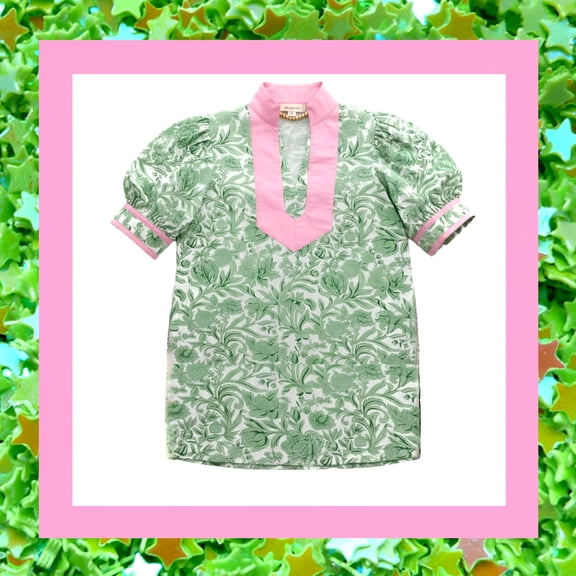 Blooming in Loce Toile Botanical Puff Sleeve Blouse - Contrasting Pink Trim Floral Caftan-Inspired Split V-Neck Top - Ladies Medium