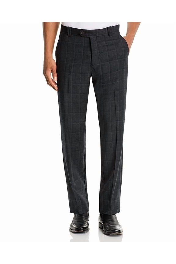 CHARCOAL Wool Tonal-Check Classic Fit Pants, US 40X30