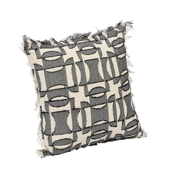 Bloomingville 18 Inches Square Woven Cotton Pillow with Geometric Pattern, Chambray Back and Fringe, Multicolored