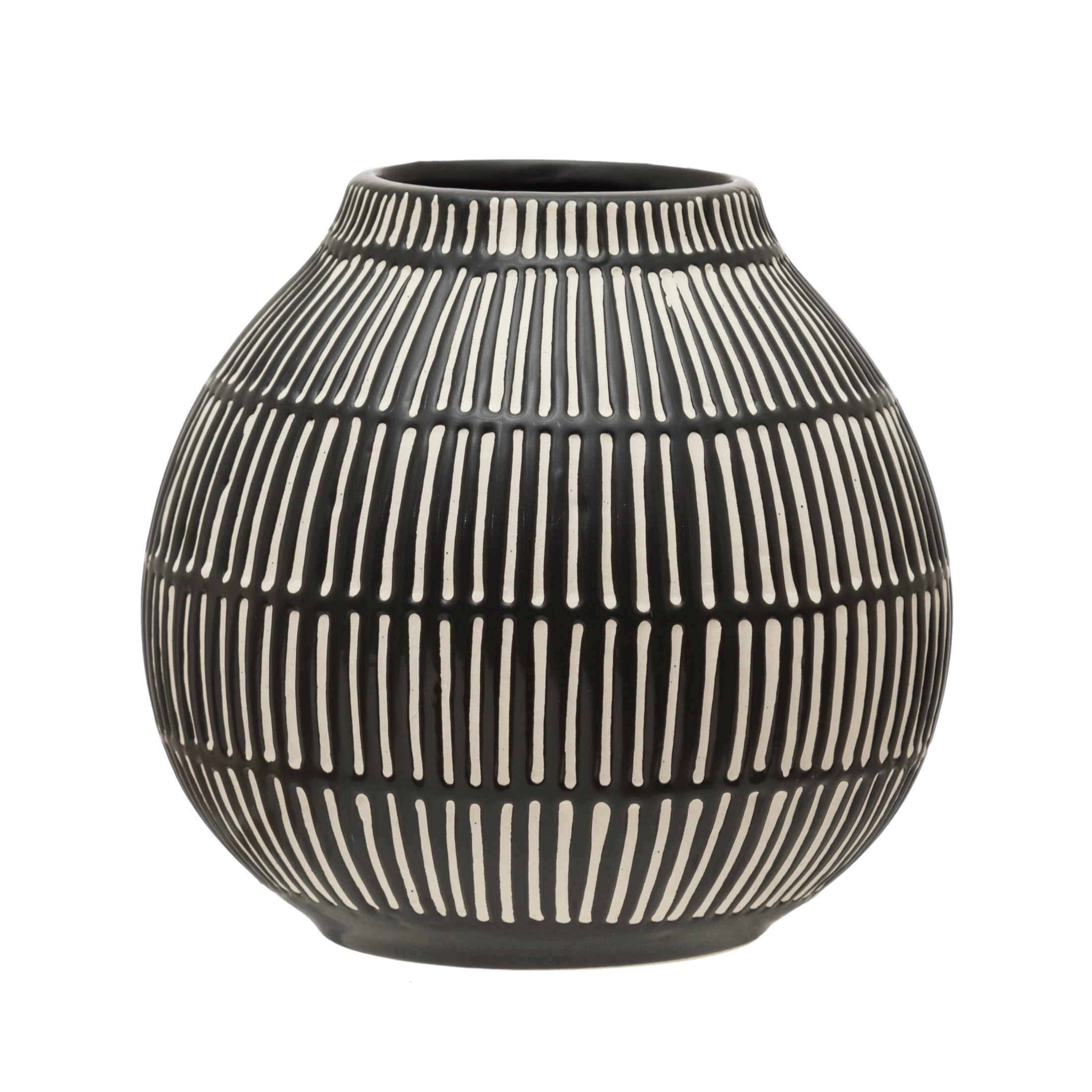 Bloomingville, 5.75" Line Patterns Black and White Round Stoneware Vase