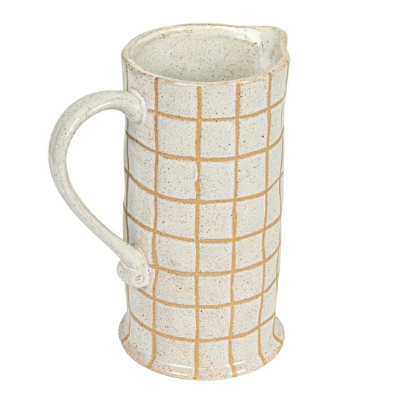 Bloomingville 8.5 Inches 46-Ounce Stoneware Pitcher with Wax Relief Grid Pattern in Reactive Glaze, Cream and Brown