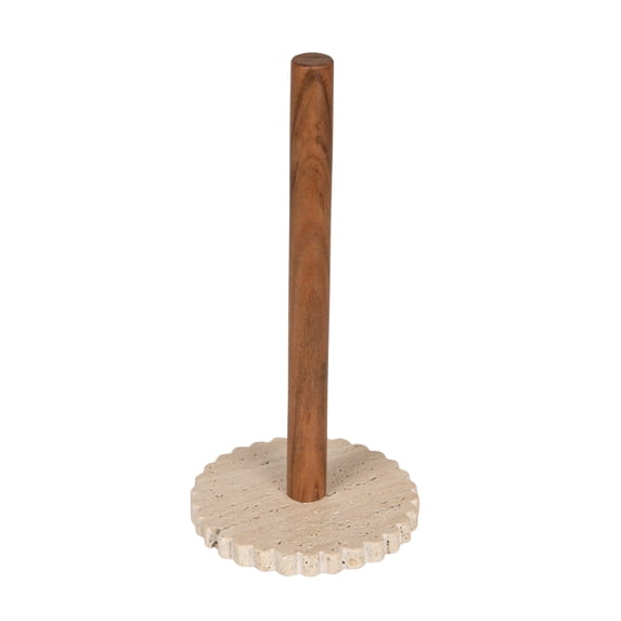 Bloomingville Acacia Wood Paper Towel Holder with Scalloped Travertine Base, Natural and Cream Color