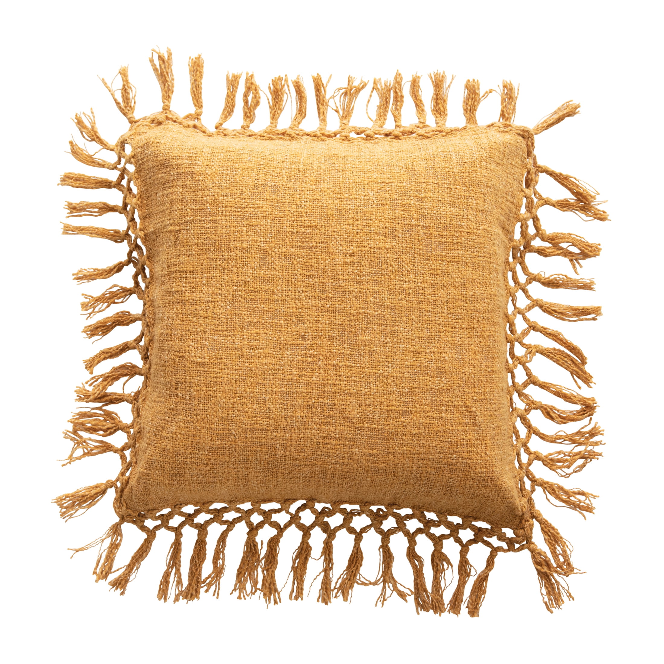 Mustard Square Cotton Slub Pillow with Tassels and Fringe