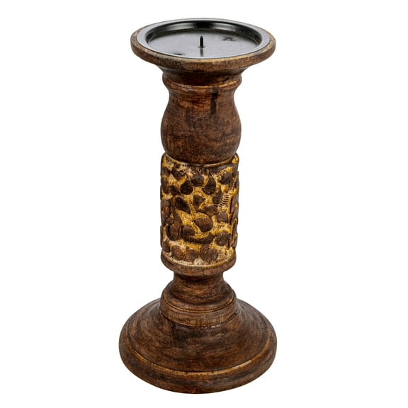 Bloomingville Carved Wood Candle Holder, Natural