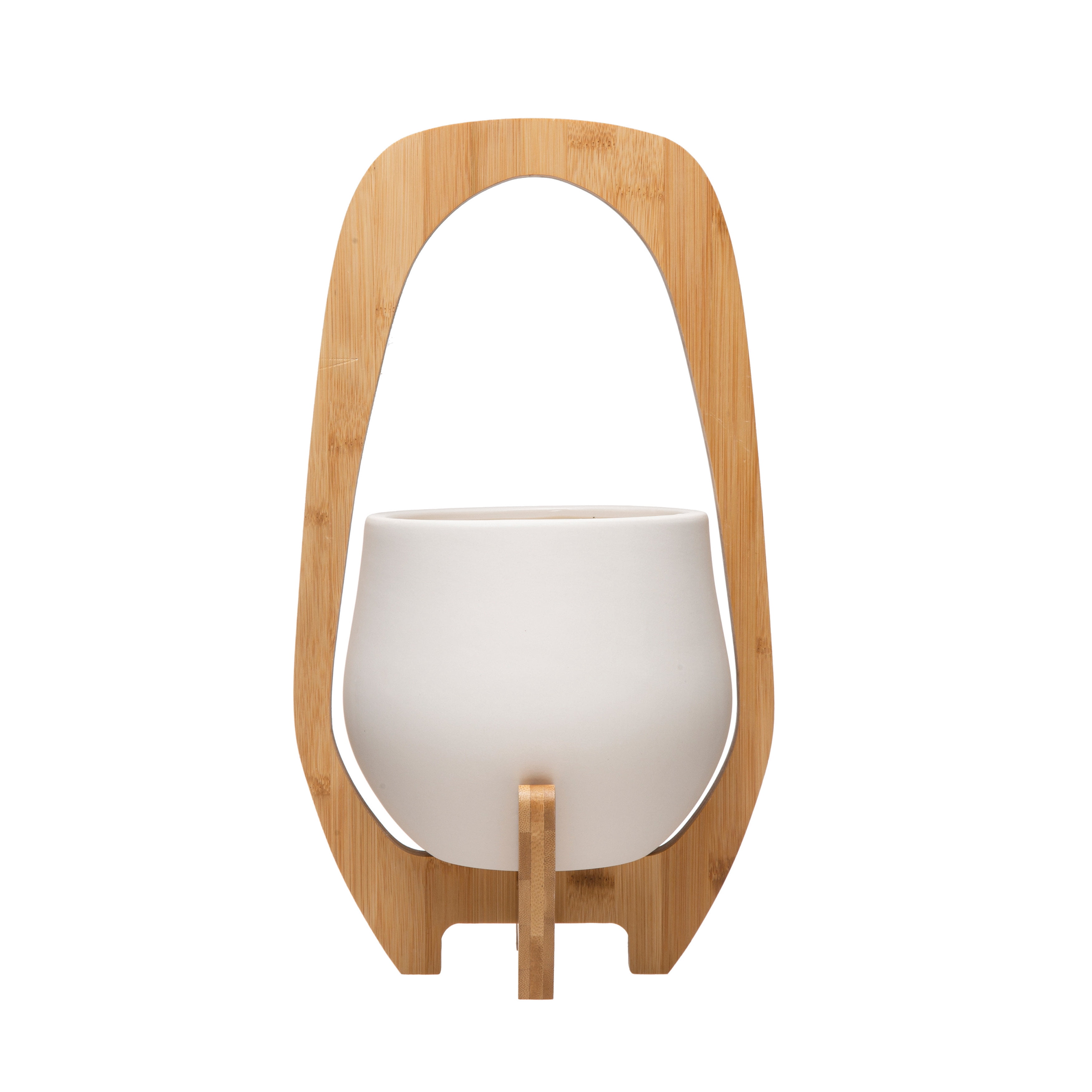 Bloomingville Contemporary Stoneware Planter with Bamboo Stand