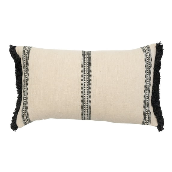 Bloomingville Cotton Slub Lumbar Pillow with Embroidered Stripes and Fringe, Black and Natural
