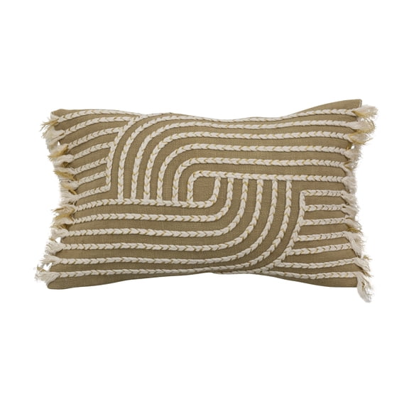 Bloomingville Cotton Slub Lumbar Pillow with Embroidery and Fringe, Multi-color