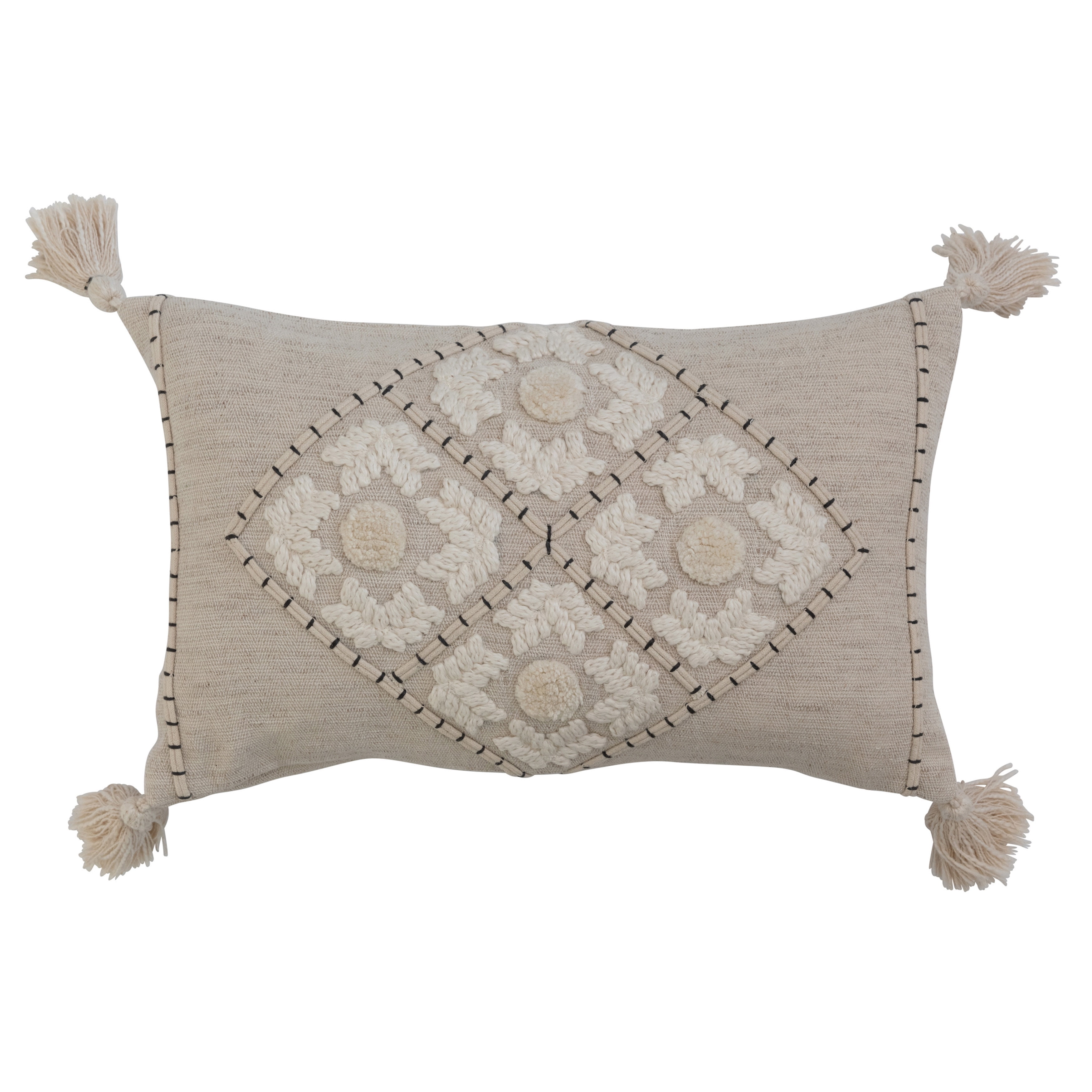 Cream and White Cotton Linen Embroidered Lumbar Pillow with Tassels