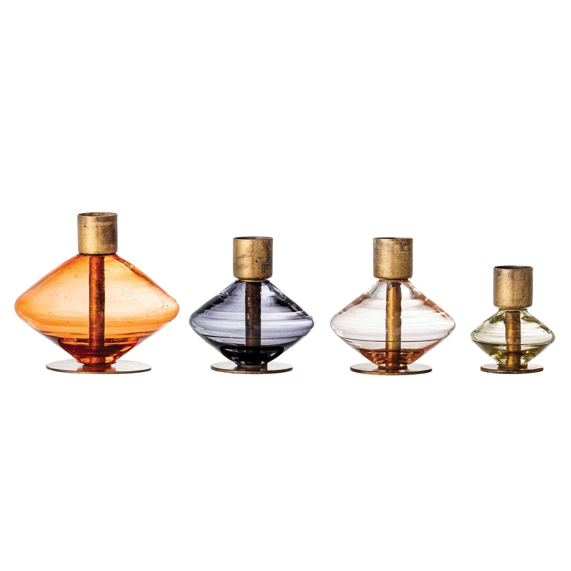 Small Multicolor Blown Glass and Brass Taper Candle Holders, Set of 4
