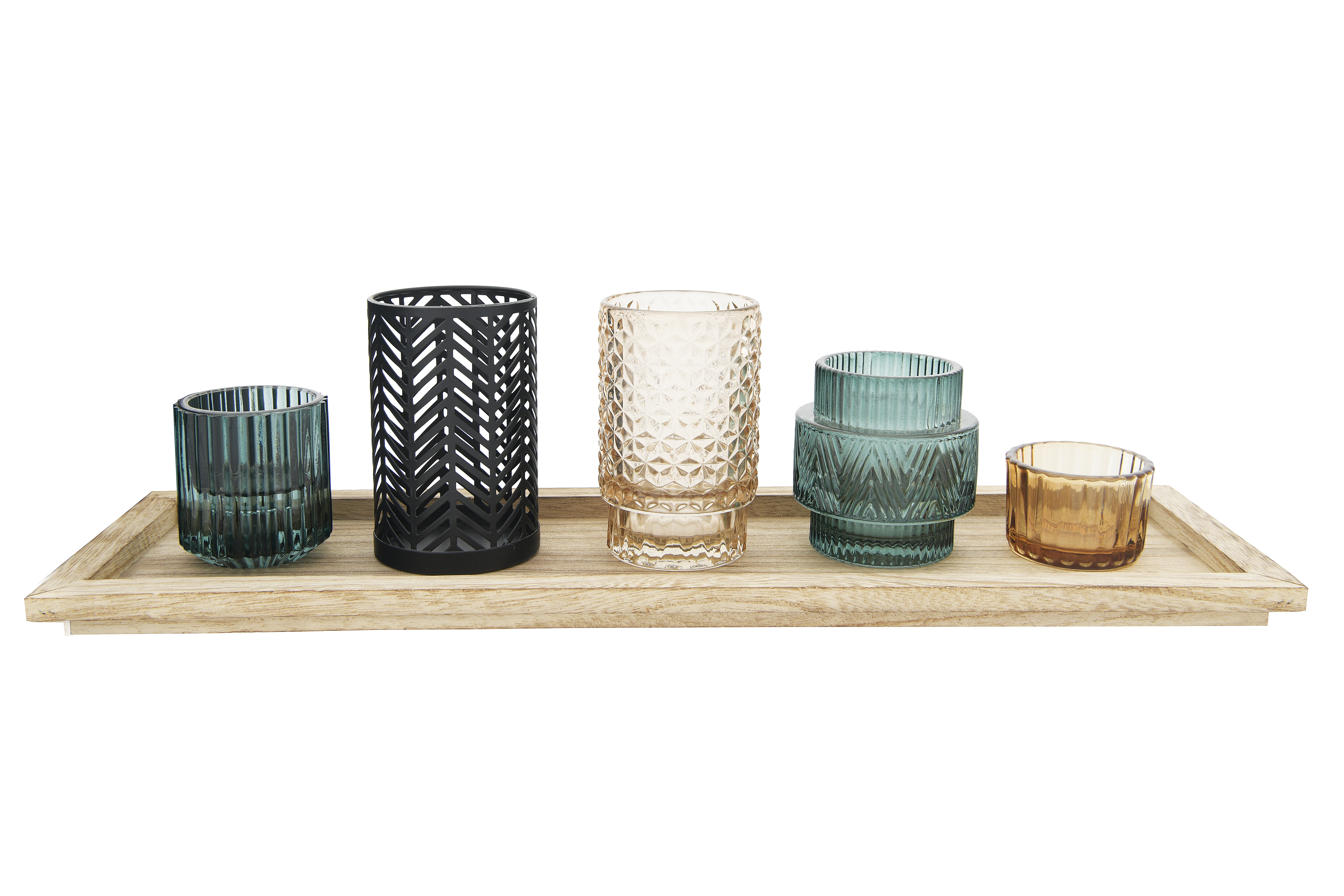 Rustic Wood Tray with Embossed Glass Tealight Holders, Set of 6