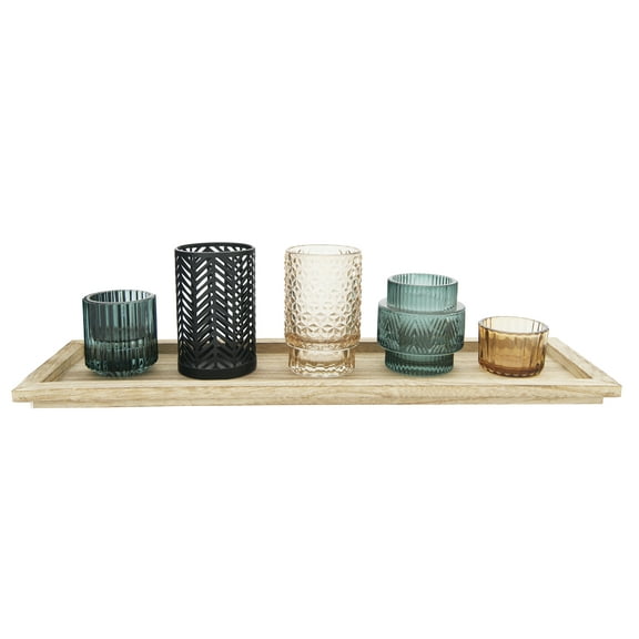 Bloomingville Embossed Glass & Metal Tealight/Votive Holders on Rectangle Wood Tray (Set of 6 Pieces)