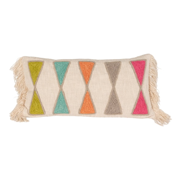 Bloomingville Embroidered Cotton Lumbar Pillow with Fringe, Bright Multicolors