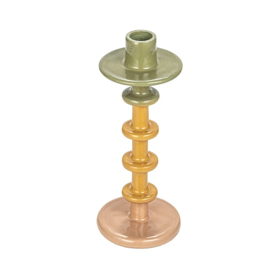 Bloomingville Enameled Decorative Metal Taper Candle Holder, Green, Tan and Pink