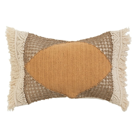 Bloomingville Hand-Woven Cotton and Jute Lumbar Pillow with Macrame, Crochet and Fringe, Multi-color