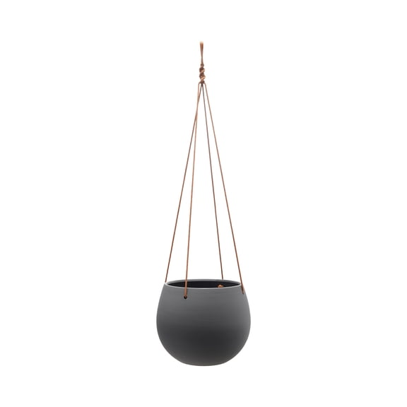 Bloomingville Hanging Stoneware Planter with Leather Rope Hanger, Latex Finish, Black