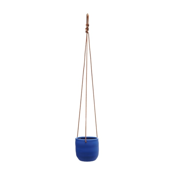 Bloomingville Hanging Stoneware Planter with Leather Rope Hanger, Latex Finish, Blue