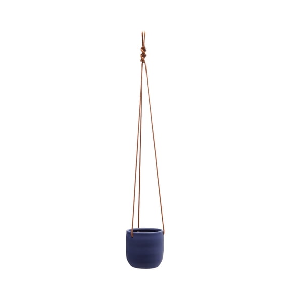 Bloomingville Hanging Stoneware Planter with Leather Rope Hanger, Latex Finish, Navy Blue