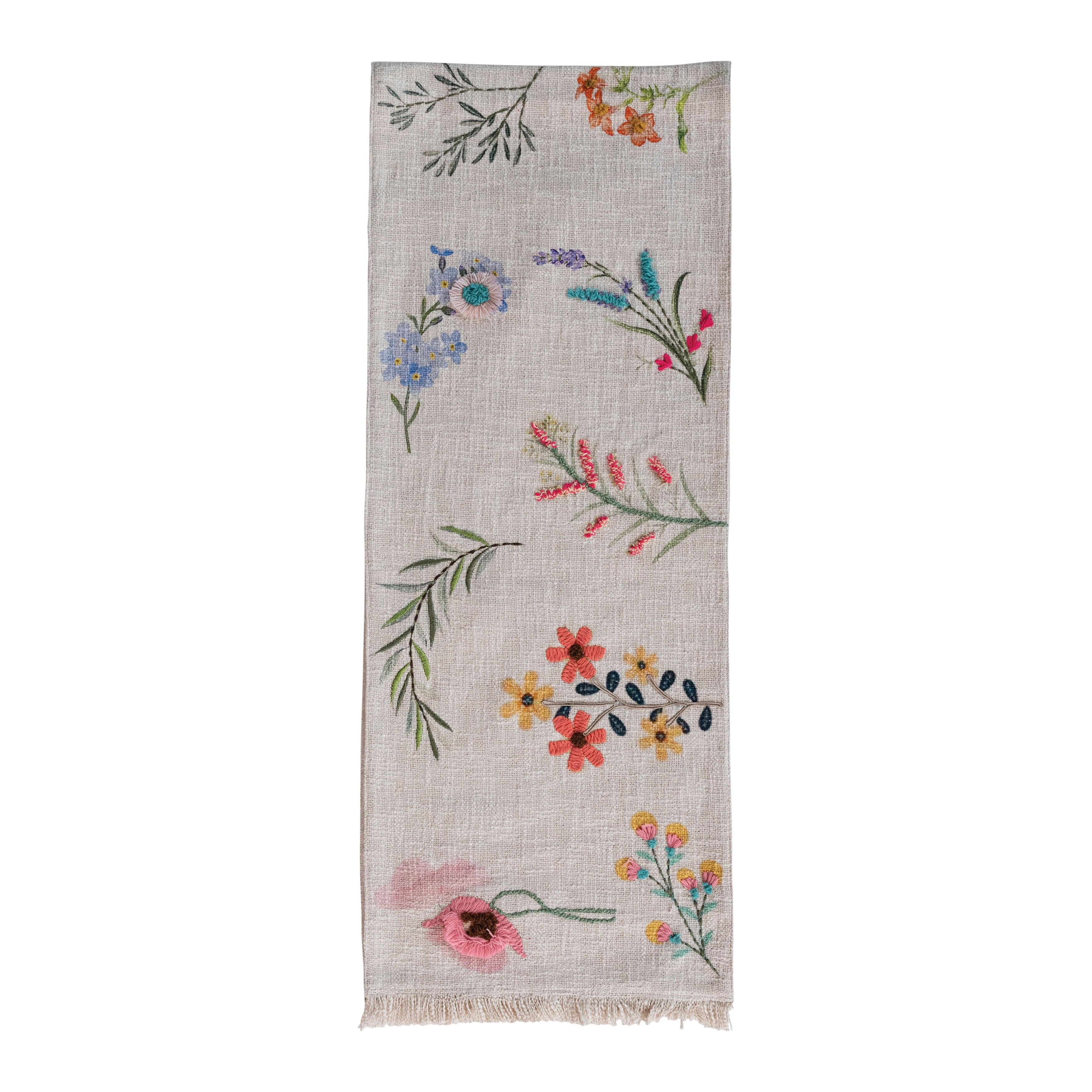 Multicolor Cotton Slub Floral Embroidered Table Runner with Fringe, 72" x 14"