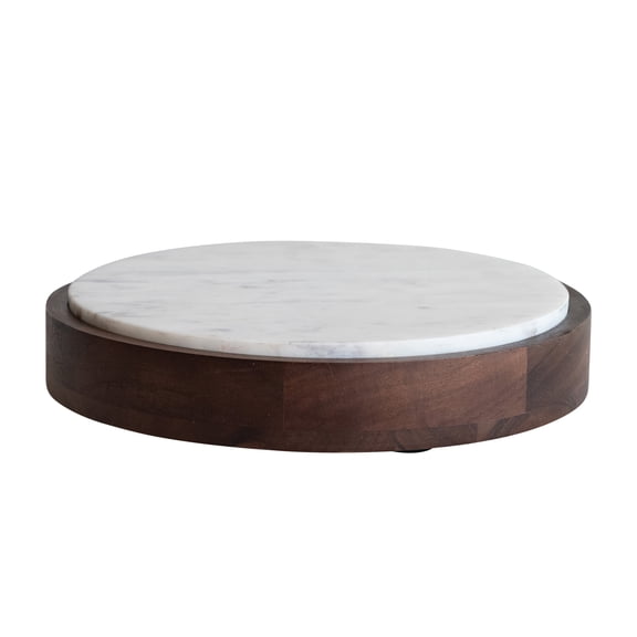 Bloomingville Mango Wood and Marble Food Pedestal with Removable Marble Tray, Walnut Finish, White
