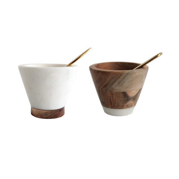 Bloomingville Marble and Mango Wood Pinch Pot with Spoon, White and Brown, Set of 2