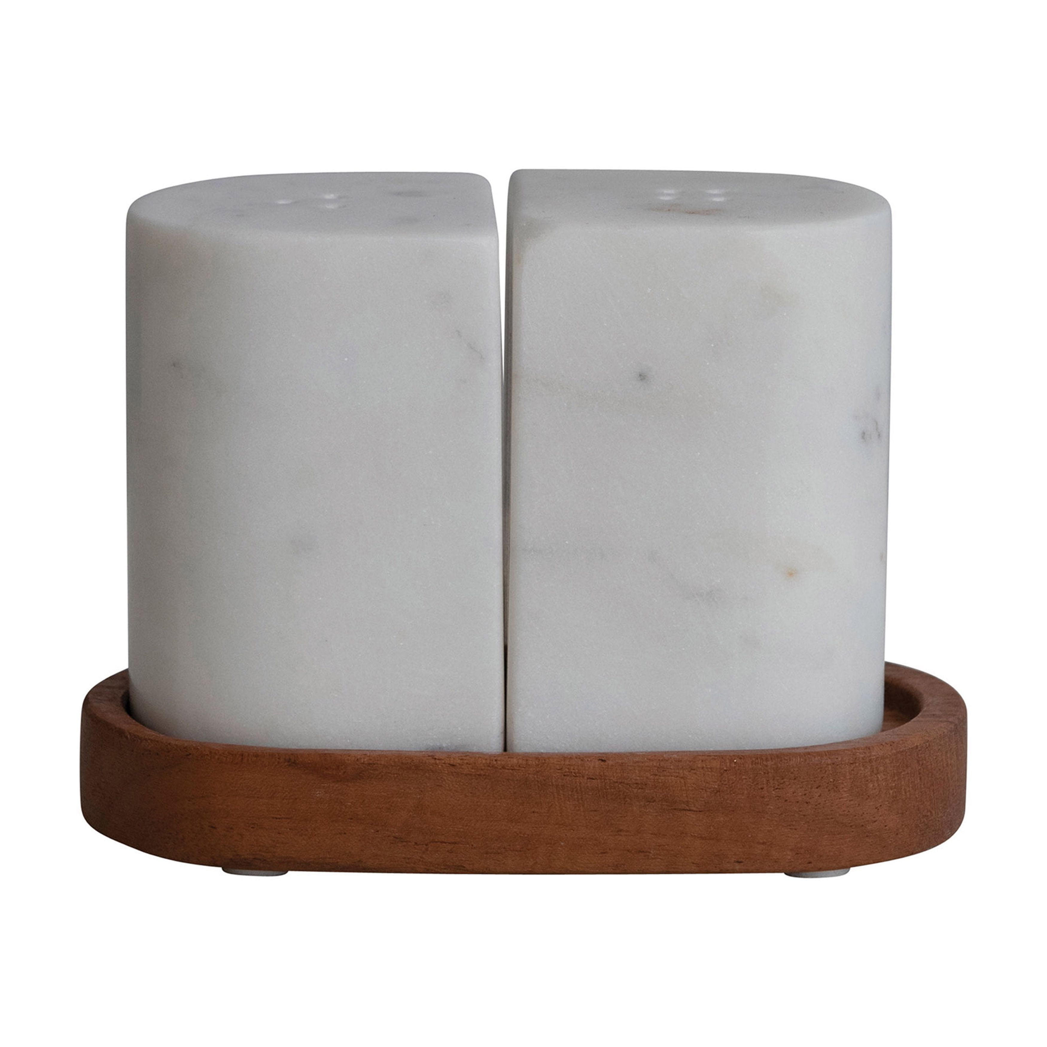 White Marble Salt and Pepper Shakers with Acacia Wood Tray