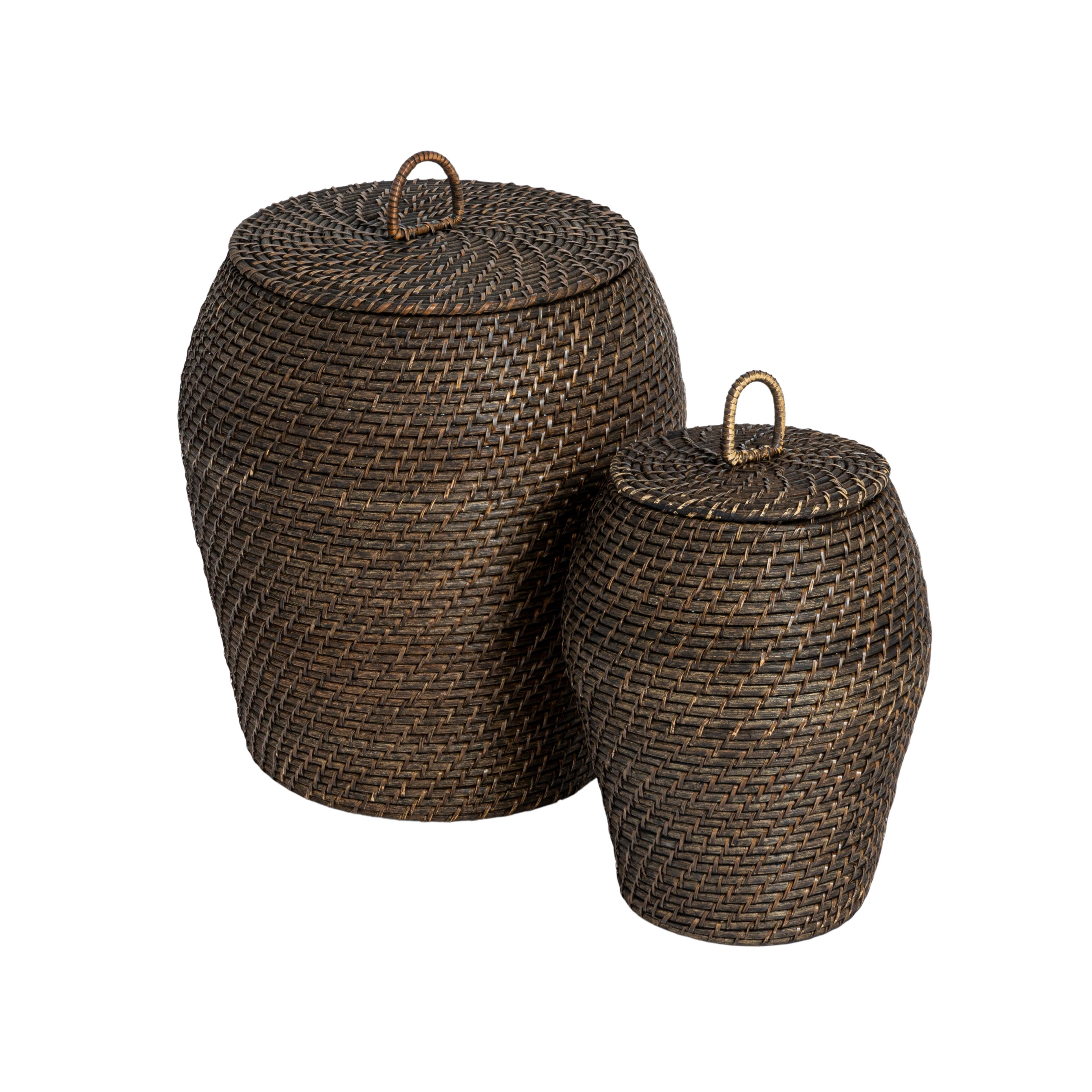Bloomingville Rattan Wicker Storage Basket with Lid, Washed Black Finish, Set of 2