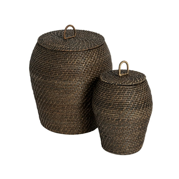 Bloomingville Rattan Wicker Storage Basket with Lid, Washed Black Finish, Set of 2