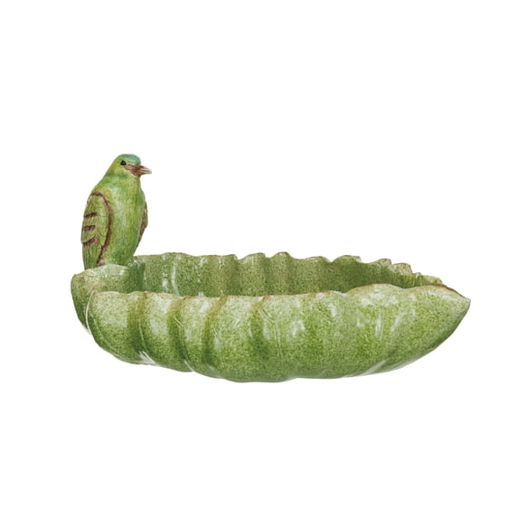 Bloomingville Resin Leaf Shaped Dish with Bird and Scalloped Edge, Green
