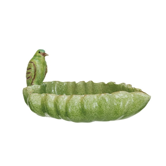 Bloomingville Resin Leaf Shaped Dish with Bird and Scalloped Edge, Green