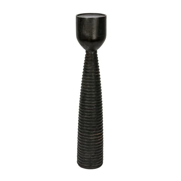 Bloomingville Round Hand-Carved Mango Wood Ribbed Candle Holder, Black